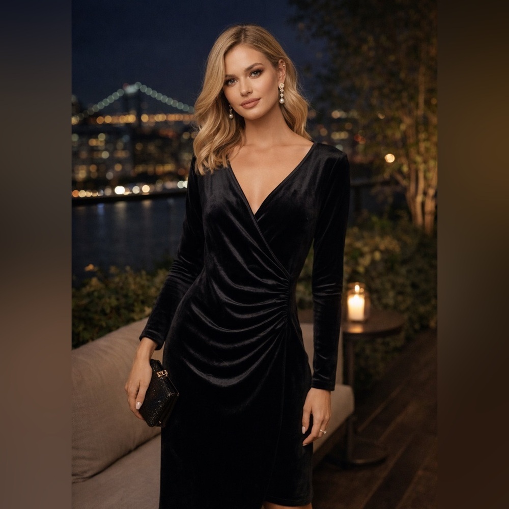 Zaberry Y2K VTG Elegant Black Velvet Midi Dress Cocktail Xl Old Money Timeless